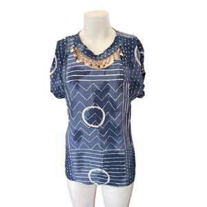 Peter Popovich blue white tribal boho beach princess seashell coastal neckline